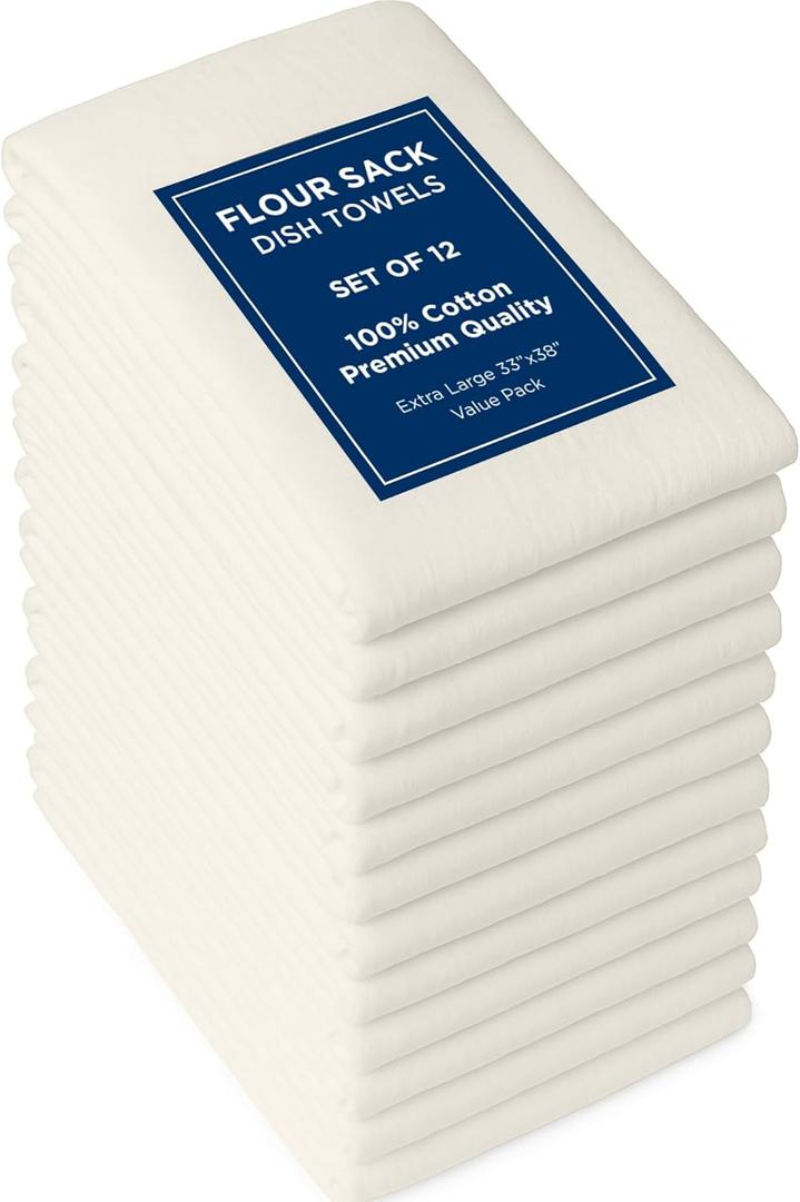 ROYALE LINENS Flour Sack Towels  12 Pack 33x38 Inch Natural Kitchen Dish Towels  100% Cotton Tea Towels for Bread Proofing, Cheese Straining, Baking, Cleaning, Drying, Embroidery, Multipurpose Use (Cream)