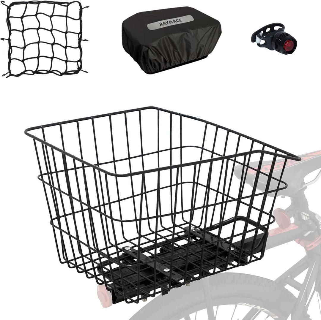 RAYMACE Rear Bike Basket with Waterproof Cover and Cargo Net, Bicycle Cargo Rack Storage X-Large Basket Mount for Back Under Seat（X-Large）