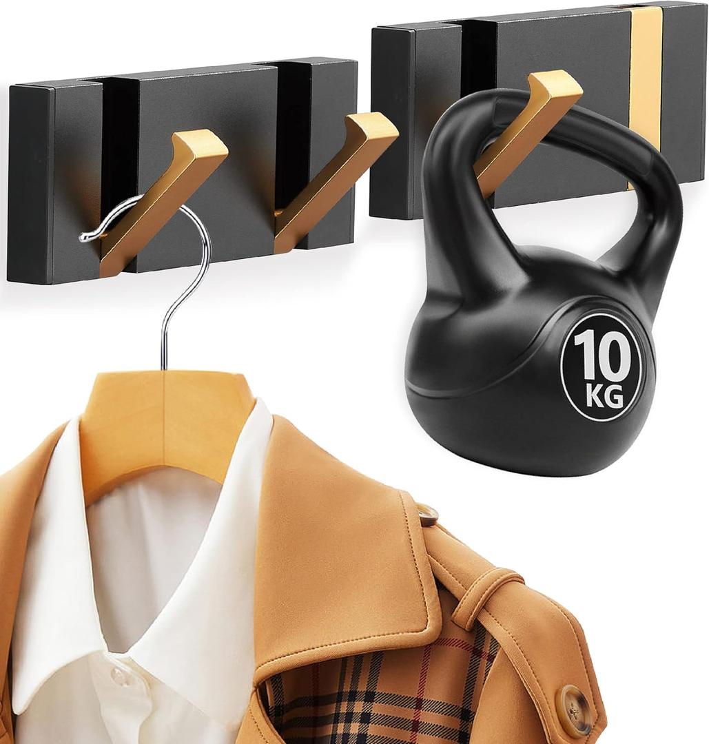 2 Pack Waterproof Folding Hideaway Coat Hooks, Aluminum Heavy Duty Wall Hooks, Wall Mounted Folding Coat Rack for Hat, Towel, Bag, Key (black gold)