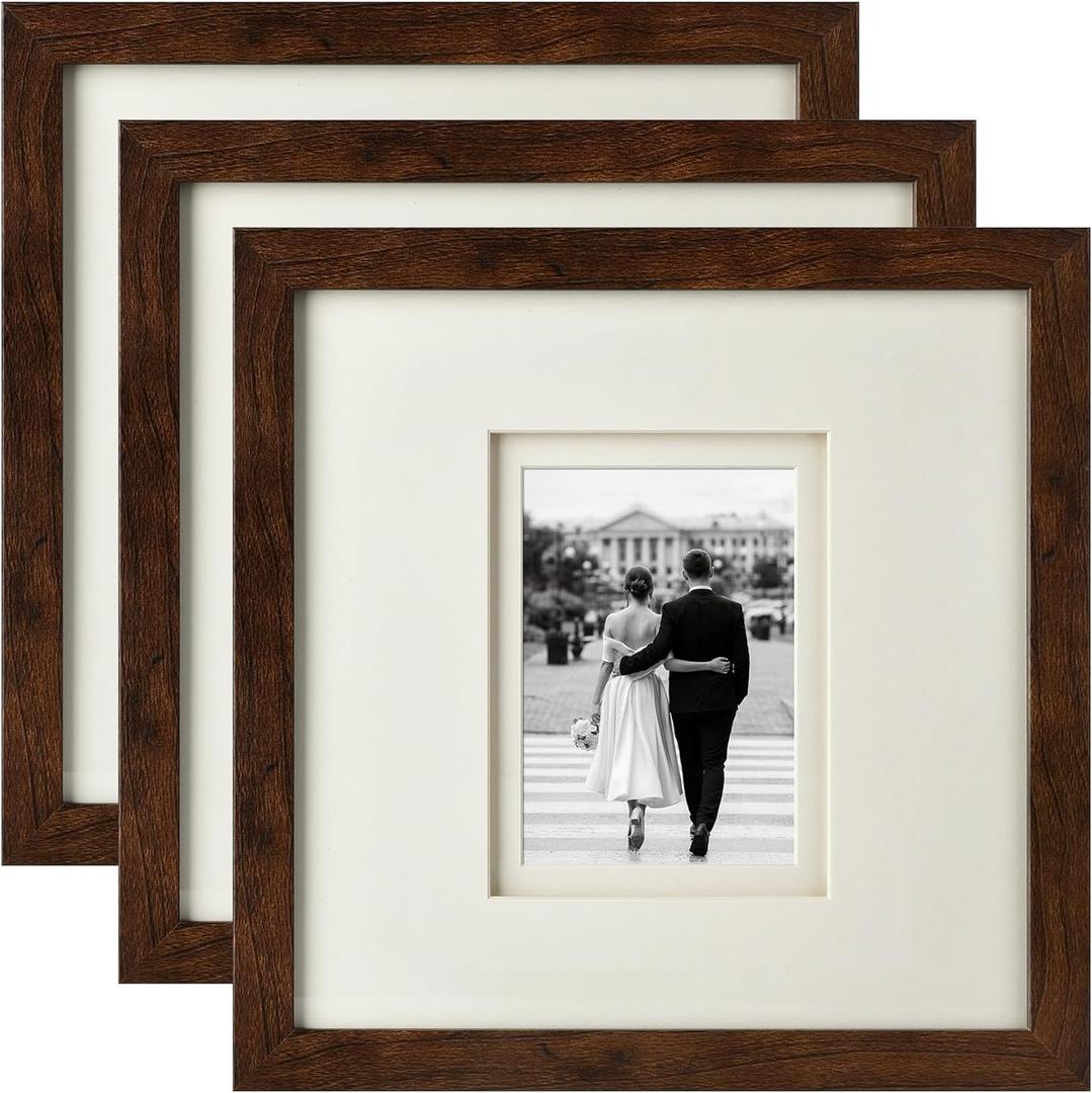 Yaetm 12x12 Square Picture Frame Matted to 5x7, Double Floating Ivory Mat, Black Photo Frame with Polished HD Tempered Glass for Wall Gallery, Home and Office, Wall Mounting, 3 Pack, Brown