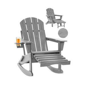 Folding Adirondack Rocking Chair,4-in-1 Multifunctional Patio Chair with Retractable Ottoman, Outdoor Chair Wood Texture, Lawn Chair for Porch, Backyard, Pool(Grey)