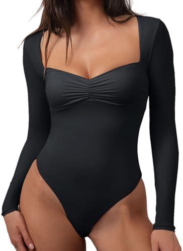 CHYRII Womens Sexy Square V Neck Bodysuit Tops Fall Fashion Long Sleeve Going Out Tops M