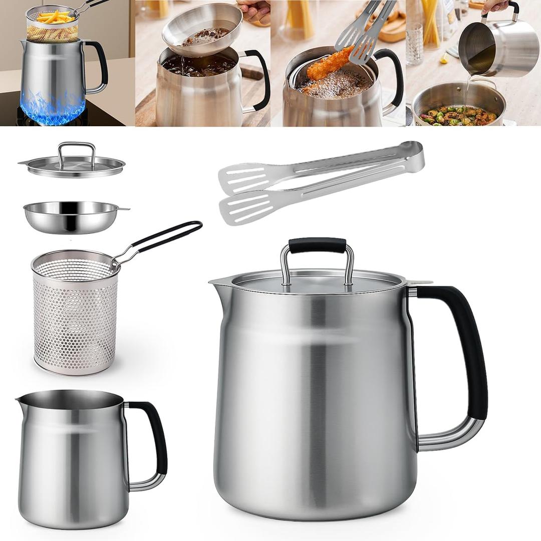 68oz 3-in-1 304 Stainless Steel Oil Filter Pot with Fine Mesh Oil Strainer & Tong, Heat-Resistant Handle, 2LCapacity Bacon Grease Container for Kitchen & Camping,Multi-Functional Frying Oil Container.