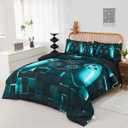 PERFEMET 6-Piece Boys Gamer Comforter Set Full Size Teal Blue Video Game Controller Bedding Comforter Set with Sheets Lightweight 3D Black Gaming Pattern Bed in a Bag for Kids Teen(Teal, Full)