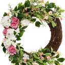 Summer Wreath White and Pink Rose Wild Flower Peony Wreath 24 Inches, Perfect for Spring Wedding Bridal Shower Party Front Door Wall, Designed in USA