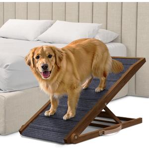Adjustable Dog Ramp for Bed - Foldable Wooden Ramp for Dogs to Get on Bed, Couch, or Car - Ideal for Small, Medium, and Large Breeds (Walnut Wood with Grey Carpet) (Walnut Wood, Large)