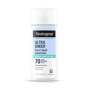 Neutrogena Ultra Sheer Liquid Mineral Sunscreen For Face, Lightweight, Broad Spectrum SPF 70 Facial Sunscreen for Sensitive Skin Leaves a Silky, Non-Greasy Finish, Oxybenzone-Free Sun Care, 1.4 fl. oz