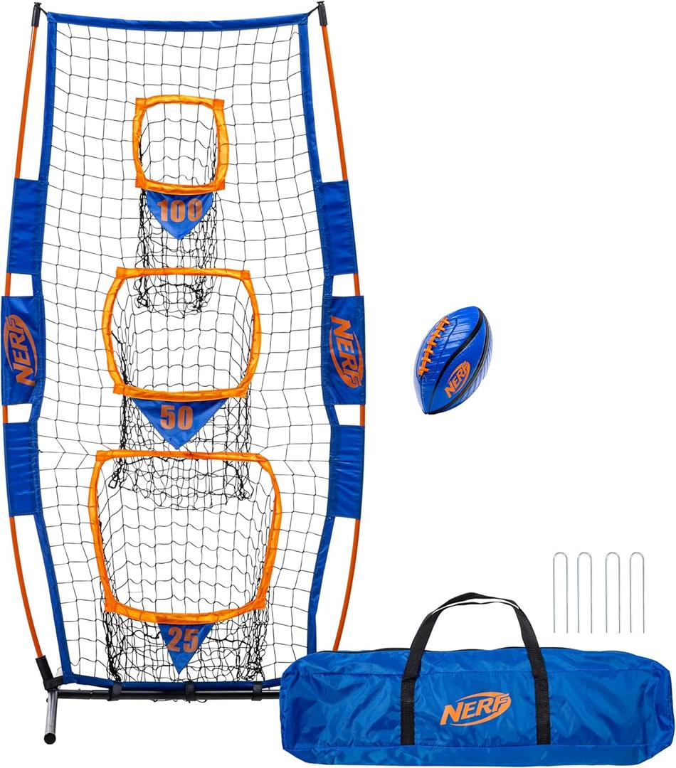 NERF Pro Pass Football Target Toss Net - Kids Football Passing Game Set - 5' x 2' Target Net with Ground Stakes + (1) Junior 8.5" Inch Ball Included - Indoor + Outdoor Youth Game
