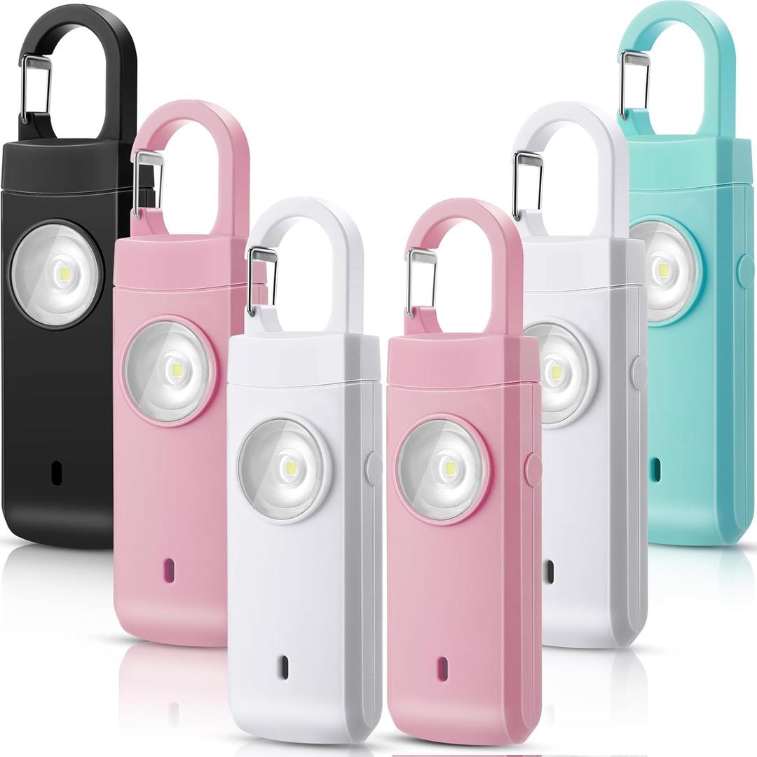 6 Pcs Rechargeable Personal Safety Alarm for Women 130dB Loud Sound Personal Siren with LED Self Defense Keychain for Women Daughter Seniors Elderly Teen Student (White, Pink, Blue, Black)