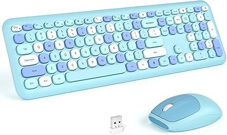 Wireless Keyboard and Mouse Combo, Pale Blue Full-Sized 2.4G Silent Keycap Colorful Keyboards, USB Dongle Plug Play, Laptop, Windows, PC, Mac, Desktop