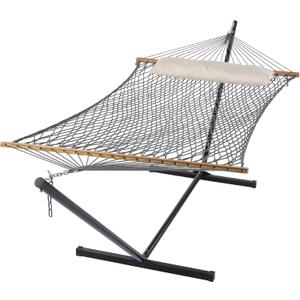 SUNCREAT Rope Hammock with Stand Included, Portable Double Hammock with Soft Pillow, Gray