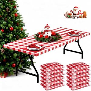 Boao 12 Pcs Plastic Table Cloths 72 x 30 Inch for 6 ft Tables Disposable Plastic Table Cloths with Elastic Fitted Elastic Desk Cover Rectangle Waterproof for Picnic, Camping, Holiday(Red, White)