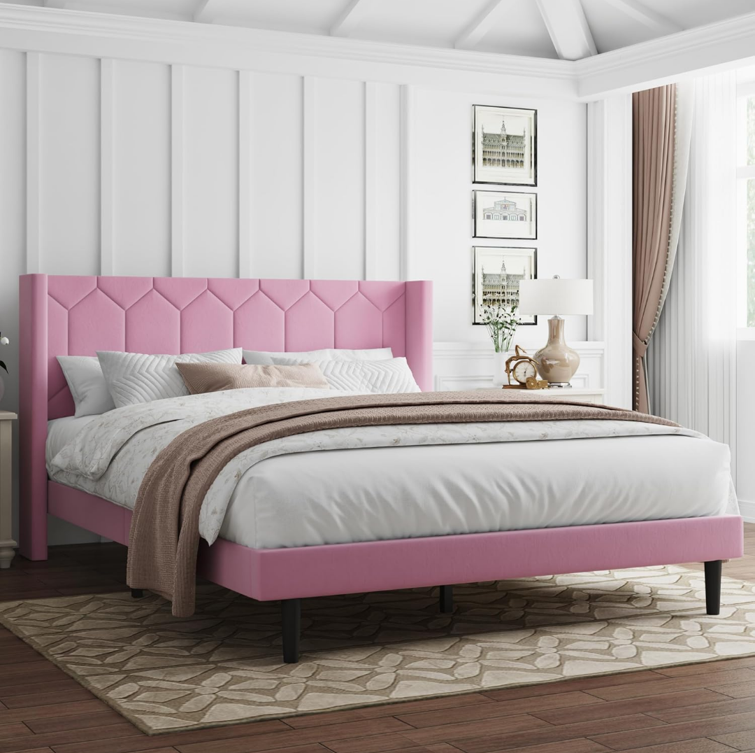 Queen Size Bed Frame with Velvet Upholstered Headboard, Platform Bed Frame No Box Spring Needed, Modern Bedframe with Strong Wooden Slats, Pink