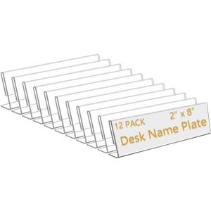 12 Pack 8" W x 2" H Acrylic Office Name Plates Name Labels for Desks, Horizontal Slant Back Clear Desk Sign Holder for Table Display