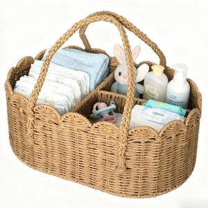Diaper Caddy Organizer, Paper Rope Storage Baskets Nursery Bin with Removable Divider, Portable Car Organizer for Diapers, Baby Shower Gifts, Newborn Essentials Must Haves (Camel)