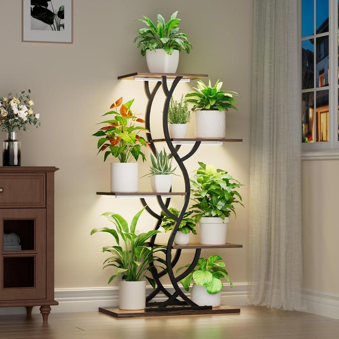 Plant Stand Indoor with Grow Lights - 44" Tall Corner Plant Stands for Indoor Plants, 5 Tiered Metal Plant Shelf, Curved Plant Flower Holder Dispaly Rack for Living Room, Home Patio Balcony (Black)