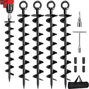 Ground Anchor Screw in, 4 Pack Spiral Trampoline Anchors with Nut and Tool Swing Set Anchors Tent Stakes High Wind Heavy Duty for Sheds, Carports, Mobile Home Black