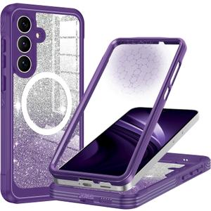 Hekodonk for Galaxy S25 FE Case Glitter,Compatible with MagSafe[Built-in Tempered Glass Screen Protector & Camera Lens Protection] Full Body Shockproof Protective Bling Phone Case,Amethyst Purple
