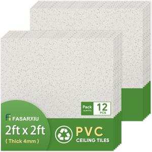 2ft x 2ft Printed Pro Ceiling Tiles Waterproof, Washable and Fire-Rated - High-Grade PVC Ceiling Tiles 24"x24" - Easy Drop-in Installation - Case of 12 (48 sq. ft.) (2x2, White)