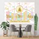 Princess Castle Birthday Backdrop Pastel Rainbow Stripes Magical Background Gold Glitter Happiest Birthday On Earth Party Cake Table Decorations Banner Photo Booth Props (7x5ft)