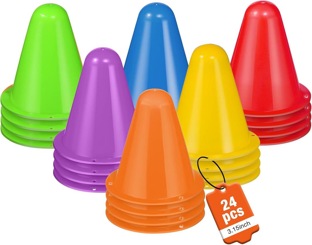 3.15 Inch 24 Pack Mini Sports Cones,Portable Small Cones
Mini Plastic Cones for Agility & Footwork Practice,Roller Skating and Skate Practice,Team Activities,Classroom Activities