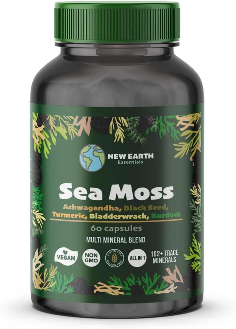 Sea Moss with Black Seed Oil, Ashwagandha, Turmeric, Bladderwrack, Burdock Root, Manuka Honey, Vitamin C & D3, Apple Cider Vinegar, Dandelion Root, Yellow Dock Root, Elderberry Fruit, Chlorophyll