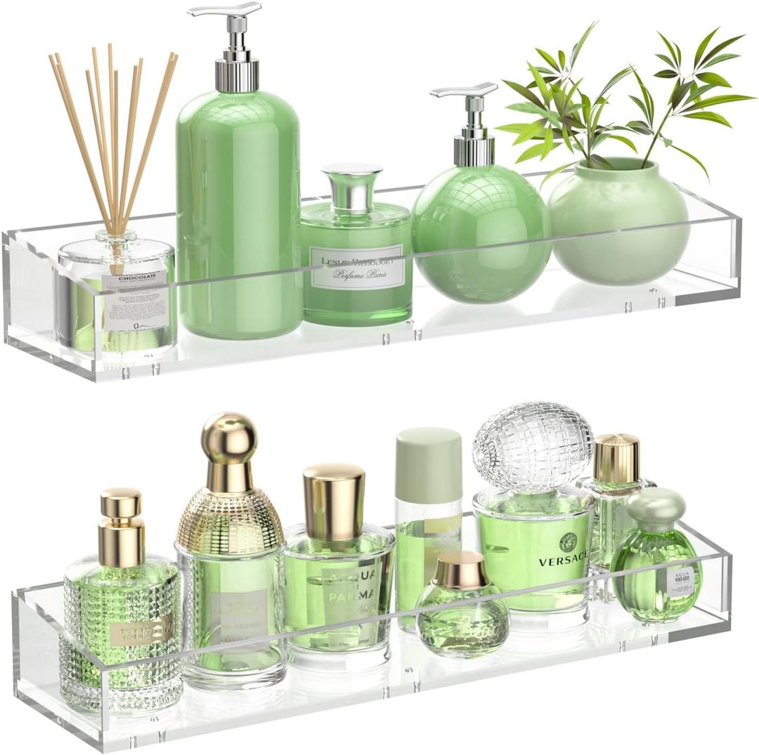 2PCS Acrylic Floating Shelves for Wall, 15" Clear Acrylic Shelves, Bathroom Shelf with Two Types of Installation, Space Saving Hanging Wall Shelf for Bathroom, Living Room, Bedroom, Kitchen