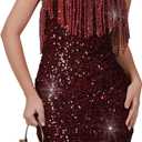 Women's Sparkling Sequin Fringe Mini Dress Party Clubwear Sleeveless Spaghetti Strap Bodycon Dress (L)