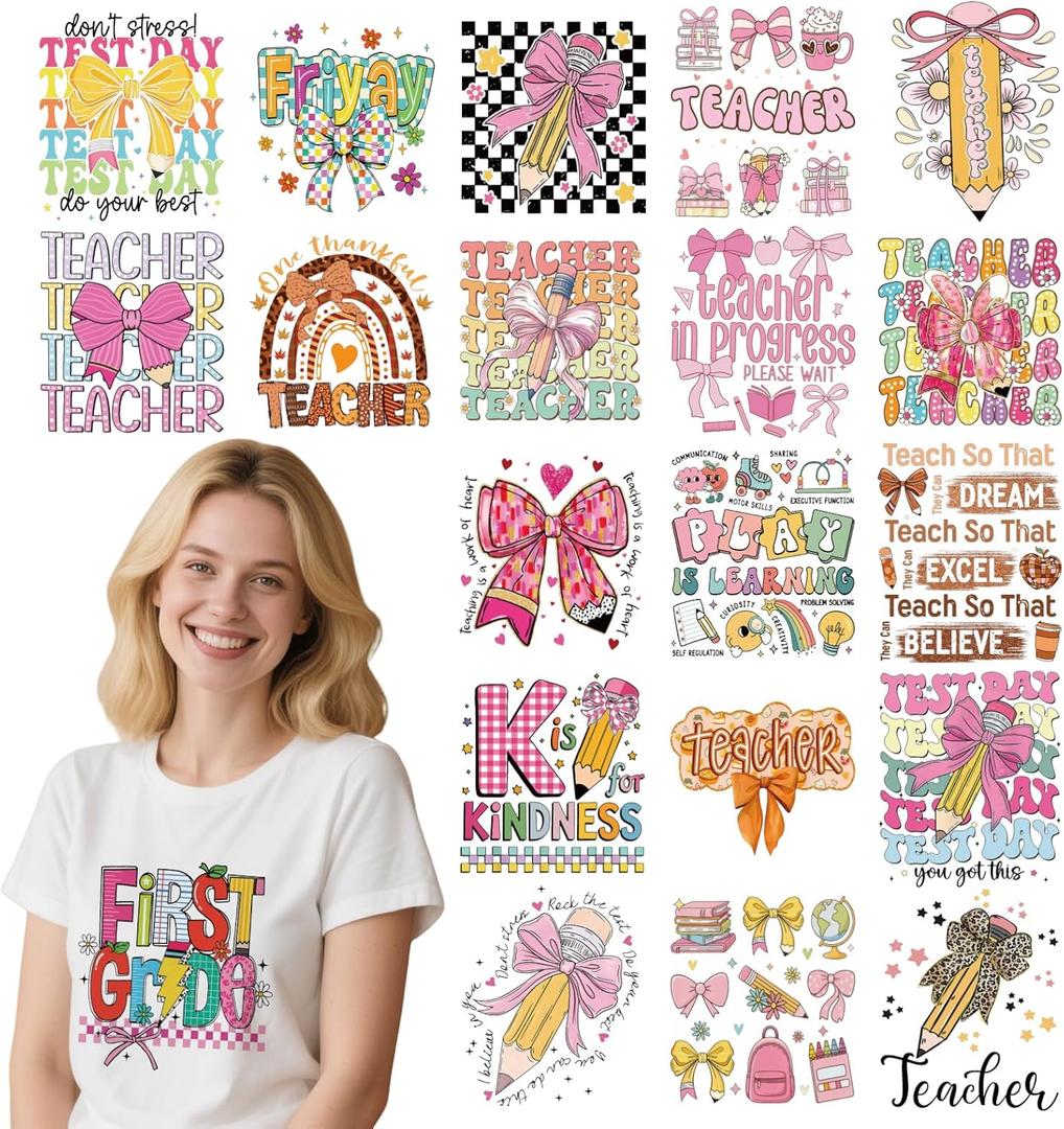 Teacher DTF Transfers Ready to Press - 20 Sheets Last Day of School Iron on Transfers Stickers Back to School T-Shirts Pink Bow Iron on Decals Patches for Backpacks Jeans DIY Costume