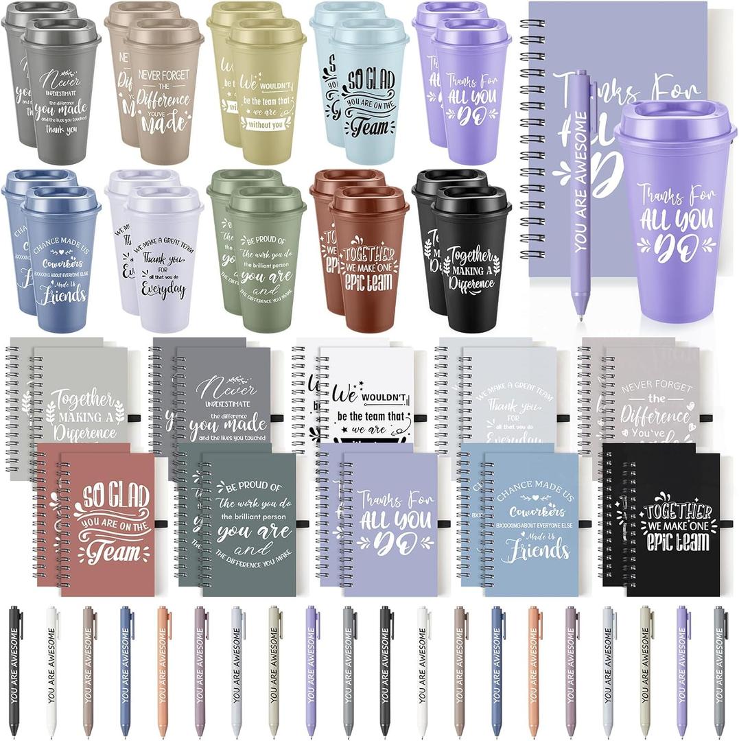 Teenyyou 60 Pcs Employee Appreciation Christmas Gift Set, 16oz Tumbler with Lid Notebook Pen Bulk Thank You Gift Holiday Party Favor for Office Coworker Teacher Staff Team (Dark Color,Elegant Style)