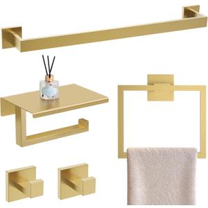 YACVCL Brushed Gold Bathroom Hardware Accessorie Set 23.6 Inch Towel Bar Set 5-Pieces Towel Rack&Holder Set for Bathroom,Upgraded Toilet Paper Holder with Shelf,Stainless Steel Wall-Mounted