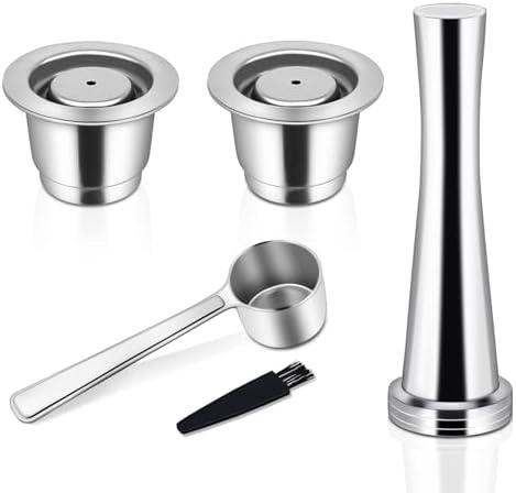 Reusable Coffee Capsules for Nespresso Originales, Stainless Steel Refillable Coffee Pods, 2pcs Reutilisable Refillable Espresso Capsule(2 Cup+ Tamper+ Stainless Steel Spoon)