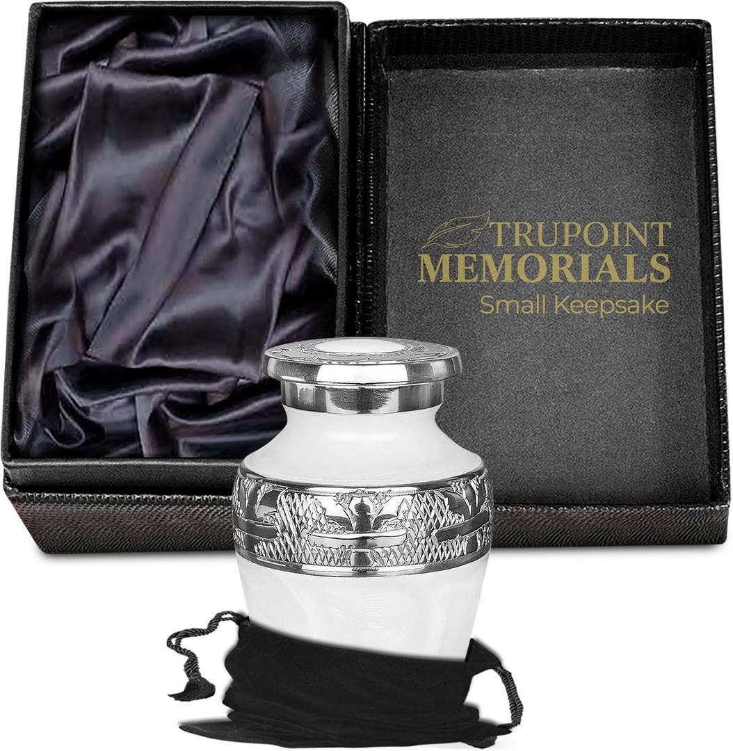 Trupoint Memorials Small Urns for Human Ashes Keepsake, Decorative Mini Cremation Urn for Adult Men & Women, White with Silver Lining