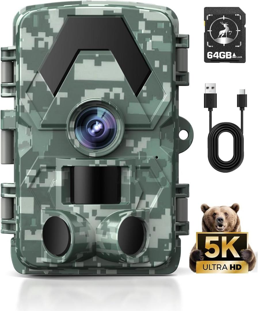 Trail Camera, 5K 60MP Game Camera with 130Wide Angle, IP66 Waterproof Night Vision with No Glow Infrared LEDs, 0.05s Trigger Motion Activated for Wildlife, Green