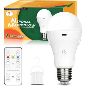 Neporal MagicGlow Rechargeable Light Bulbs with Remote, 3 Colors Shift + Stepless Dimmable Battery Light Bulbs, USB Rechargeable, A19, Up to 24 Hours (3000-6000K, 1, Count)