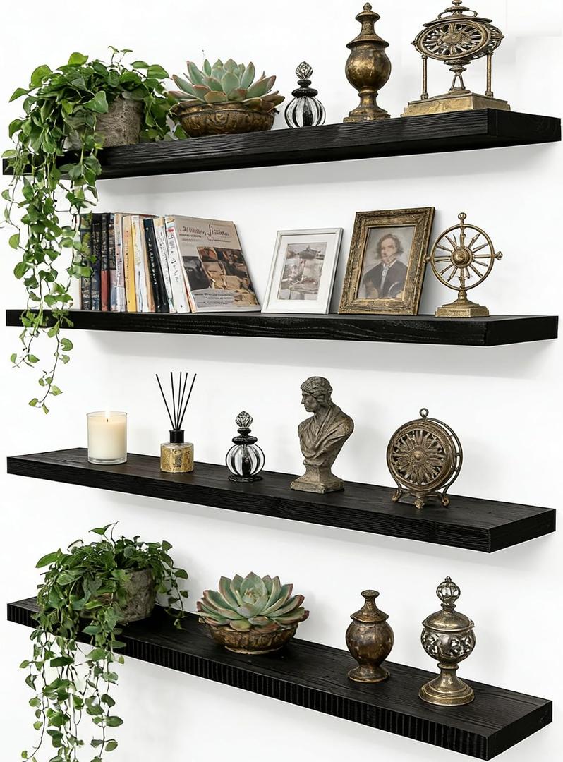 24 Inch Rustic Wood Floating Shelves Farmhouse Wooden Wall Shelves for Bathroom Bedroom Living Room Kitchen Office Set of 4 Black