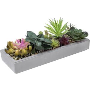 MyGift 15 Inch Mixed Color Assorted Artificial Succulent Plant Arrangement in Modern Gray Clay Planter Tray
