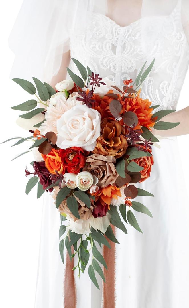 10 Inch Terracotta Wedding Bouquets for Bride Artificial Roses Flower Cascading Cascade Bridal Bouquet for Rustic Boho Fall Vintage Wedding Ceremony Party and Anniversary
