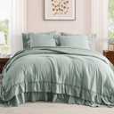 AMBERSPACE King Size Comforter Set Sage Green, Ruffle Shabby Chic Bedding Set Farmhouse 7 Pieces, All Season Fluffy Bed in a Bag with Sheets, Pillowcases & Shams
