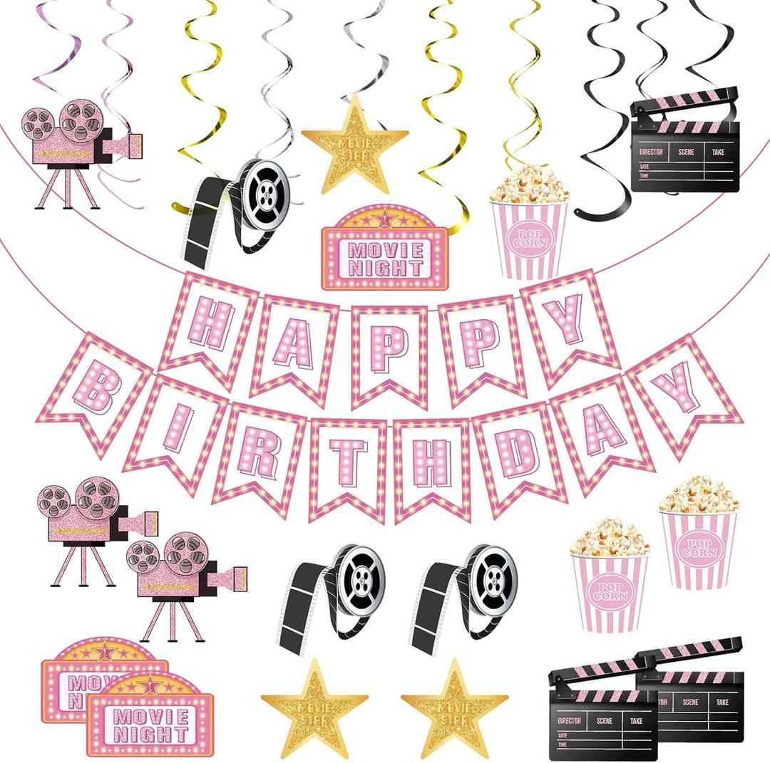 Movie Night Supplies Pink Movie Birthday Banner Movie Night Decorations Popcorn Camera Movie Theater Decorations Movie Theme Hanging Swirl for Girls Baby Shower Birthday Party Film Party