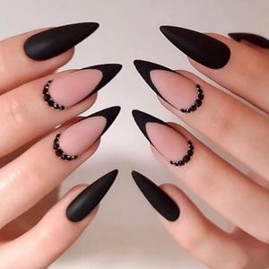 IMSOHOT Medium Press on Nails Almond Matte Black Fake Nails French Tips Acrylic False Nails with Rhinestone Designs (14-0020)