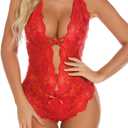 Aranmei Sexy Lingerie for Women Lace Teddy Bodysuit Deep V Cut Out Matching Panty Underwear (Large, Red)