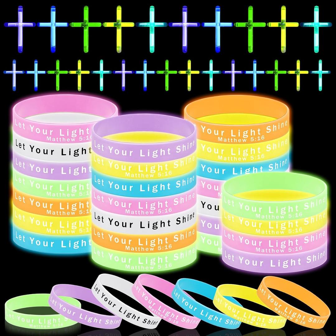200 Pcs Glow in The Dark Christian Party Favors Silicone Bracelets Cross Necklace Bulk Bible Wristbands Luminous Pendant for Religious Gift