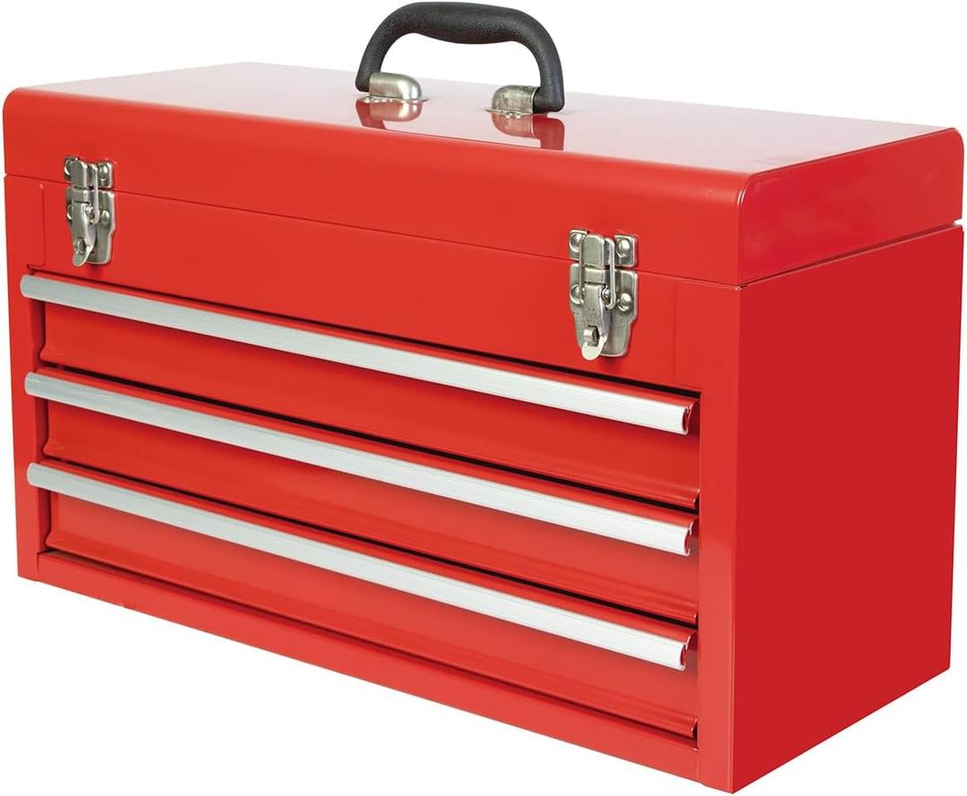Portable Metal Tool Box with 3 Drawers, 20.5-Inch Steel Tool Chest with Top Storage, Ball Bearing Slides, Dual Latch Closure and Carry Handle