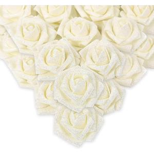 IPOPU Glitter Roses,50pcs Glitter Flowers Foam Rose with Stem for DIY Wedding Bridal Bouquet Home Party Christmas Decoration(Ivory)