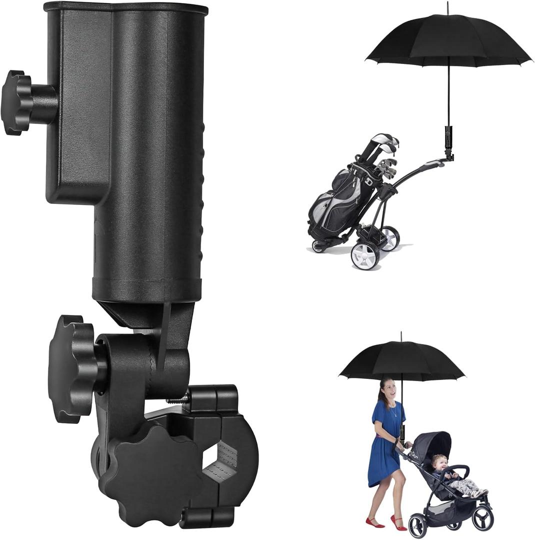 Heavy Duty Golf Push Cart Umbrella Holder, 180° Adjustable Aluminium Alloy Base Strong Windproof, Universal Umbrella Attachment Stand for Stroller, Golf Cart, Wheelchair, Bike, Beach Chair