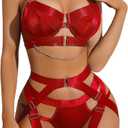 Avidlove Lingerie Set for Women Sexy Strappy Lingerie Underwire Push Up Bra Garter Set Lingerie with Chain (XX-Large, Red)