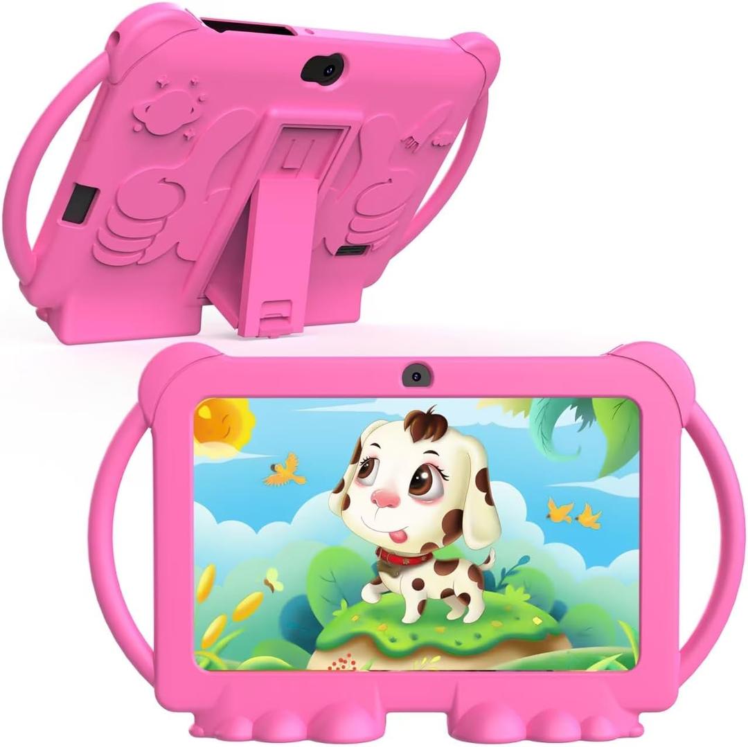 Kids Tablet 7 inch Android 12, 4GB RAM 32GB ROM, 512GB Expandsion, with Parental Control, WiFi, Bluetooth, Dual Camera with Silicone Case, 1PCS(Pink)