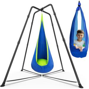 Swing Stand Frame with Sensory Pod Swings and Chair, Sensory Swing Set, X-Shaped Swing Frame, Heavy-Duty Metal Hammock Chair Stand for Adults Indoor and Outdoor 330LBS(Blue)