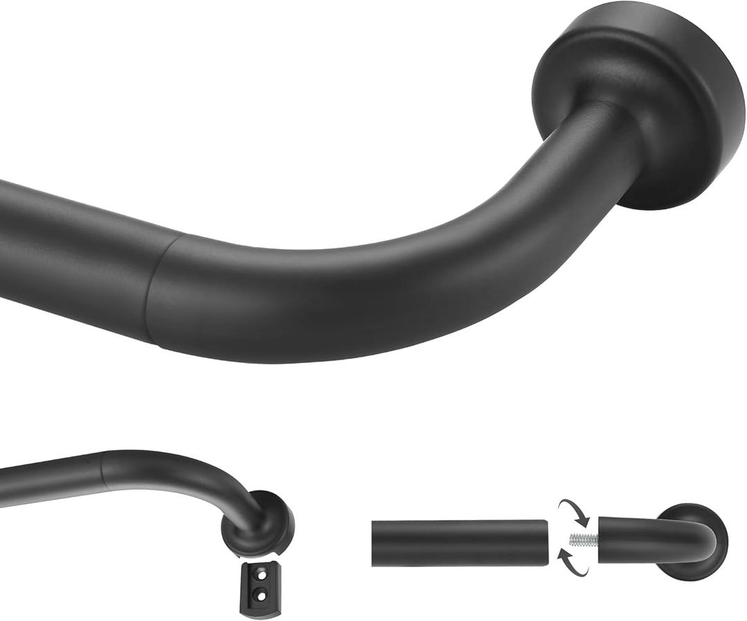 Black Curtain Rod for Windows 28 to 86 Inch, Internal Splicing 1 Inch Diameter Disc, Adjustable Room Darkening Curtain with Aluminum Finials and Brackets, Wrap Around Design